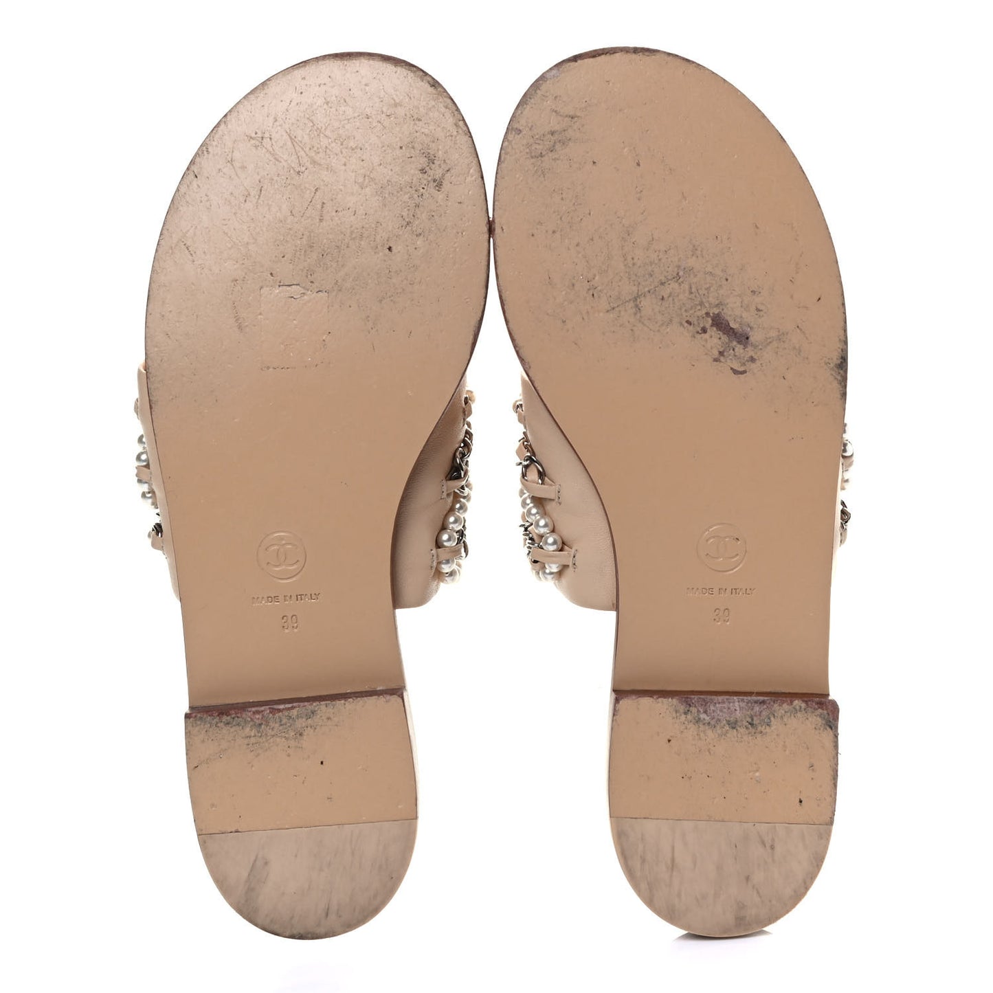 Pearl Lambskin Chain Flat Sandals 39 Beige
