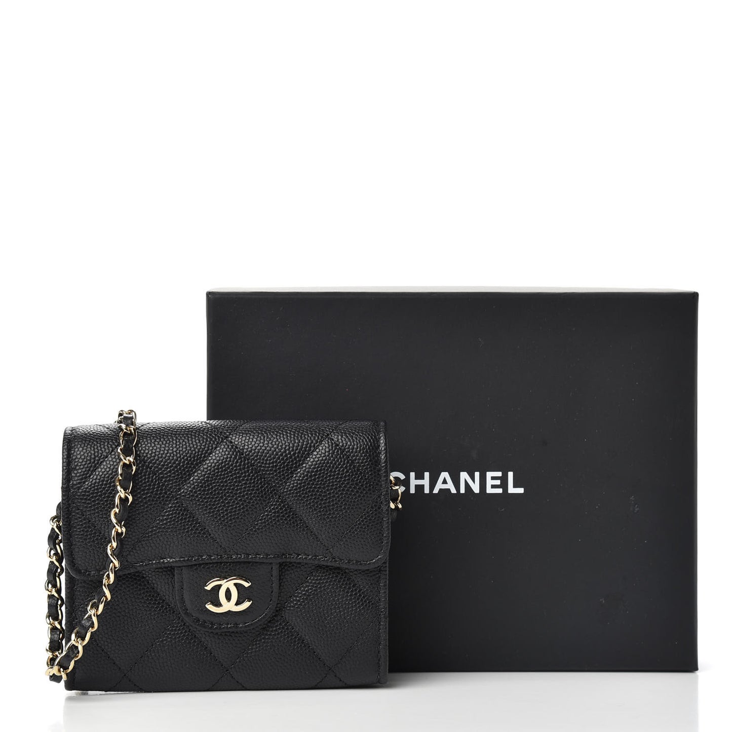 Caviar Quilted Flap Card Holder On Chain Black