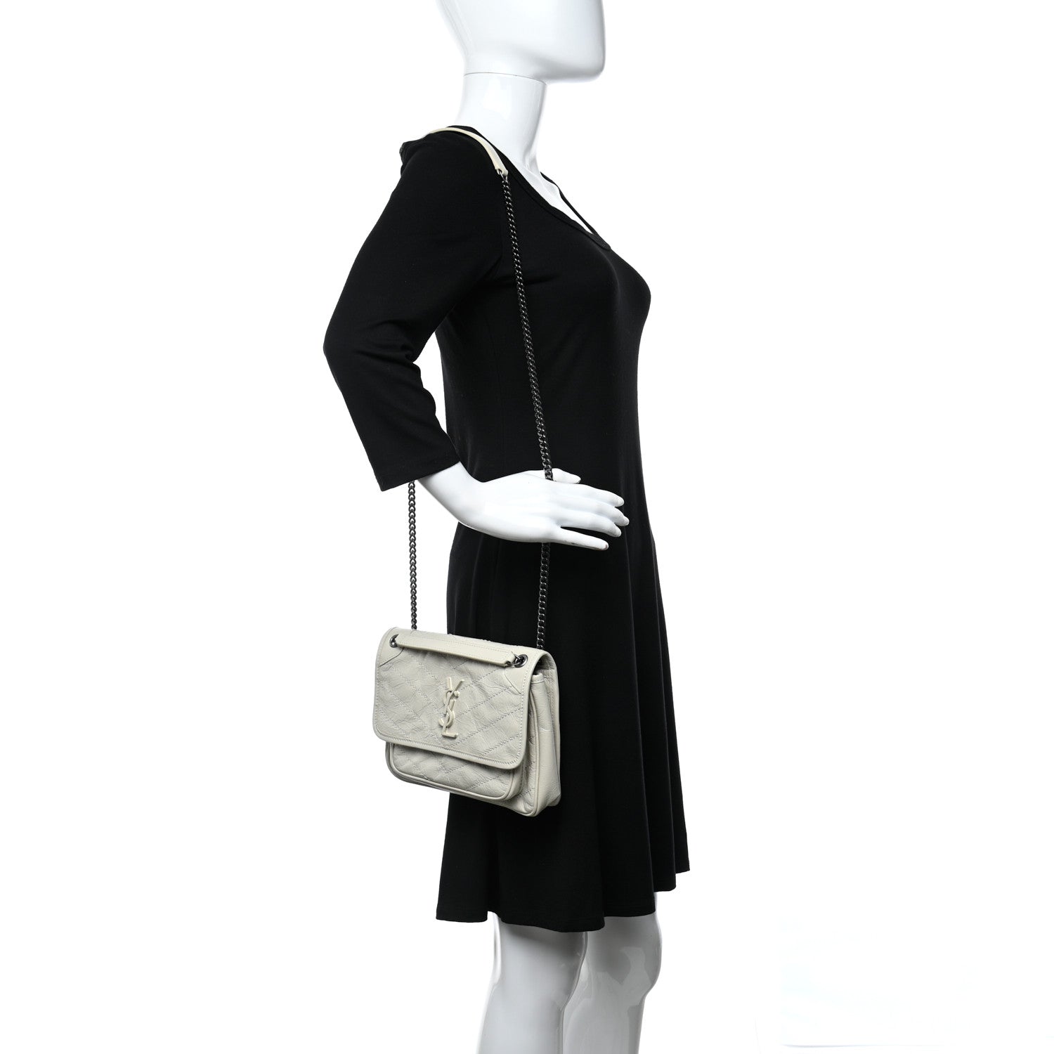Saint Laurent Crinkled Calfskin Matelasse Monogram Baby Niki Chain Satchel Blanc Vintage 2 of 9