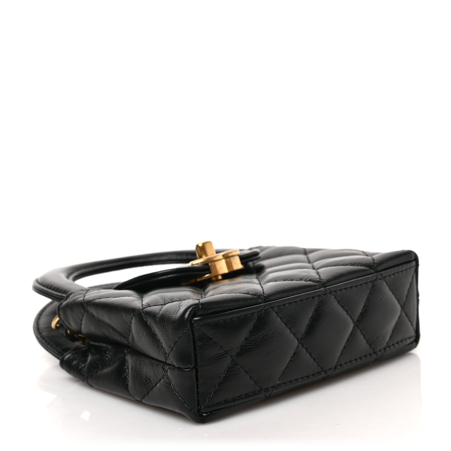 Shiny Aged Calfskin Quilted Mini Nano Kelly Shopper Black