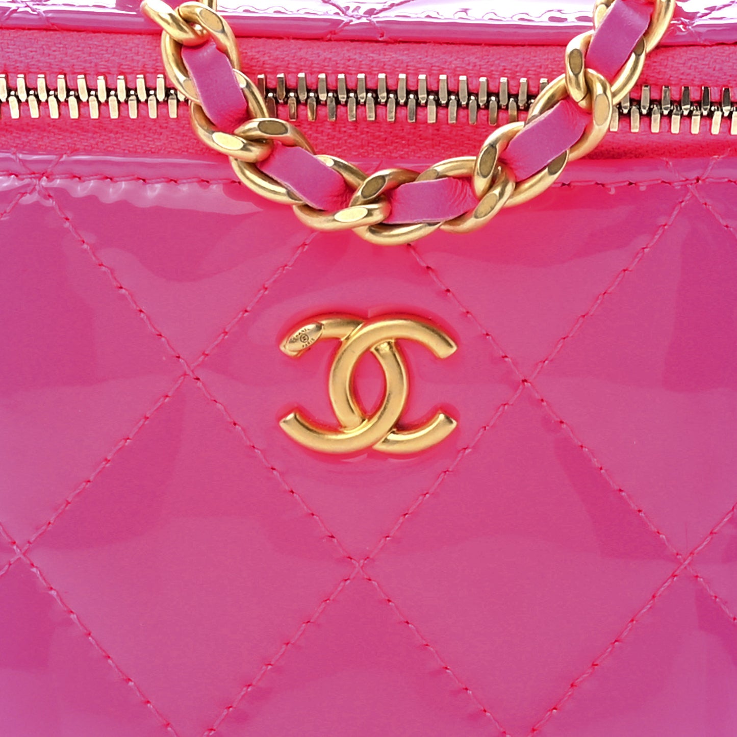 Patent Quilted Pearl Crush Mini Vanity Case With Chain Neon Pink