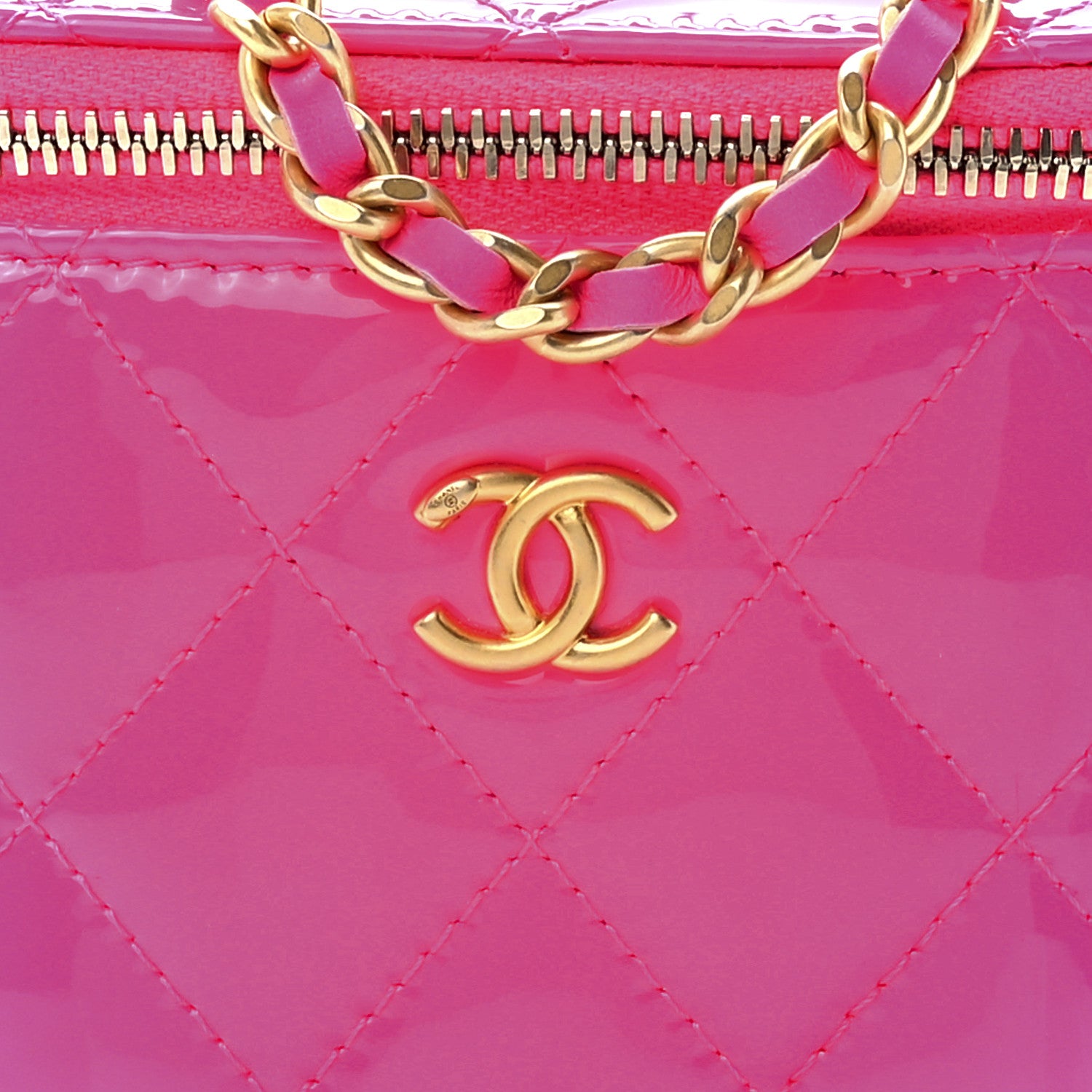 Chanel Patent Quilted Pearl Crush Mini Vanity Case With Chain Neon Pink 8 of 11