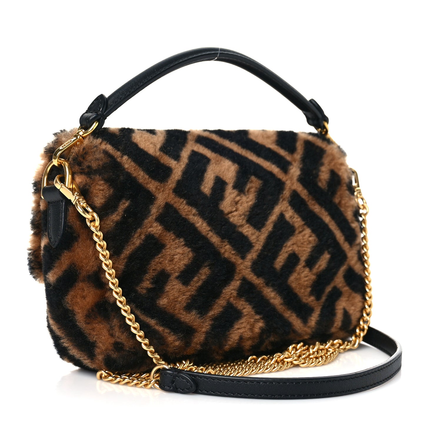 Shearling Vitello Dolce Macro FF 1974 Mini Baguette Tobacco Black
