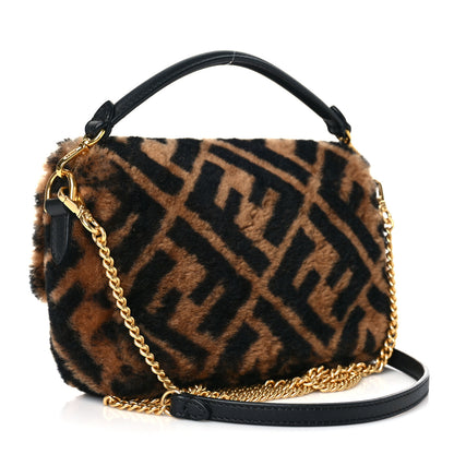 Fendi Shearling Vitello Dolce Macro FF 1974 Mini Baguette Tobacco Black 3 of 8