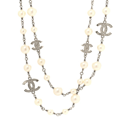 Chanel Graduated Pearl Crystal CC Long Necklace Silver 1 of 6