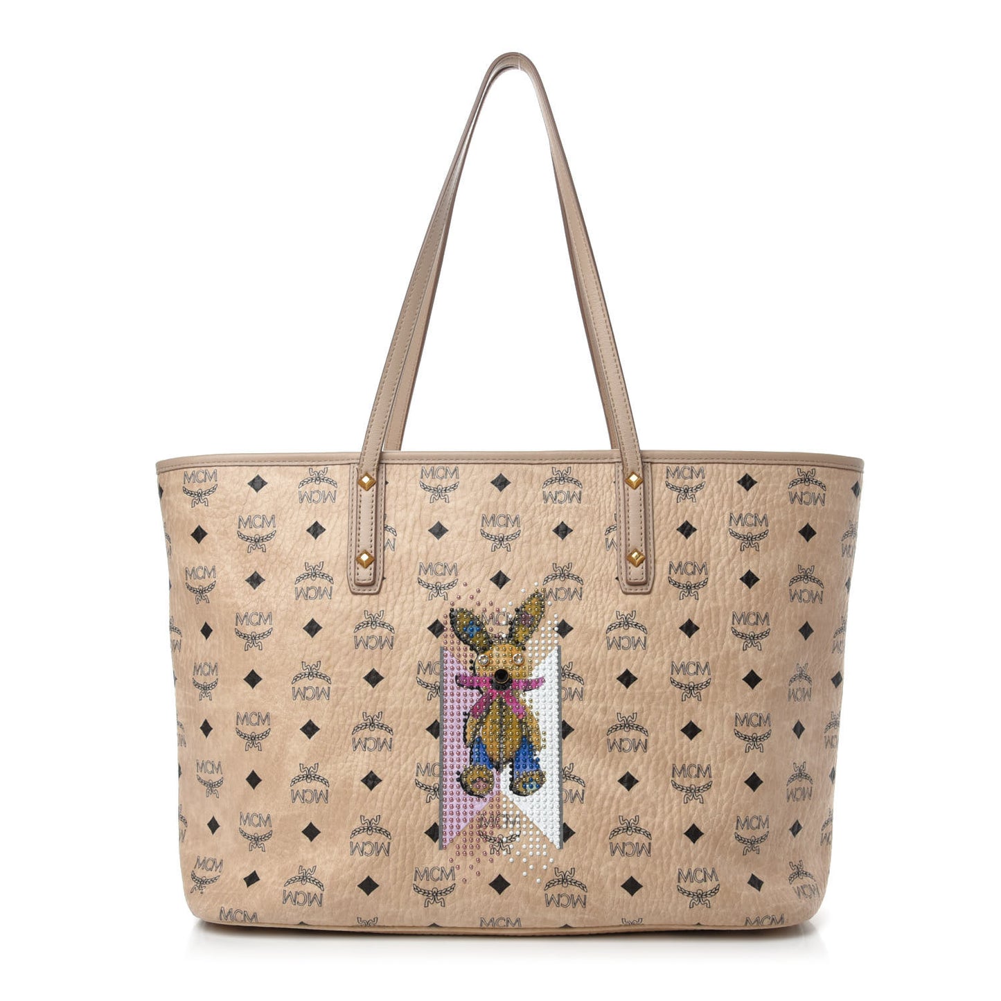 Visetos Medium Studded Rabbit Top Zip Shopper Tote Beige