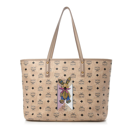 MCM Visetos Medium Studded Rabbit Top Zip Shopper Tote Beige 3 of 13