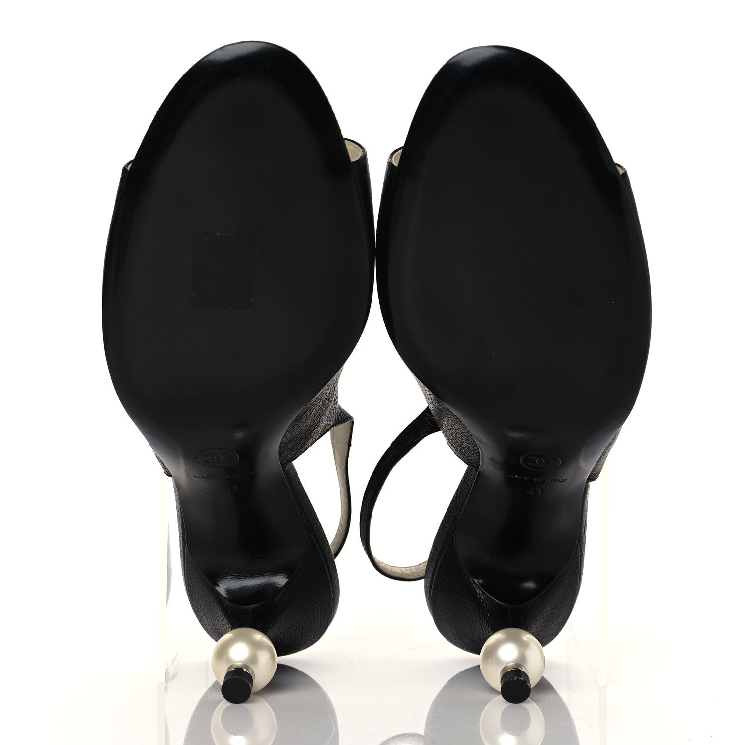 Chanel Calfskin Pearl CC Peep Toe Slingback Pumps 41 Black 6 of 9