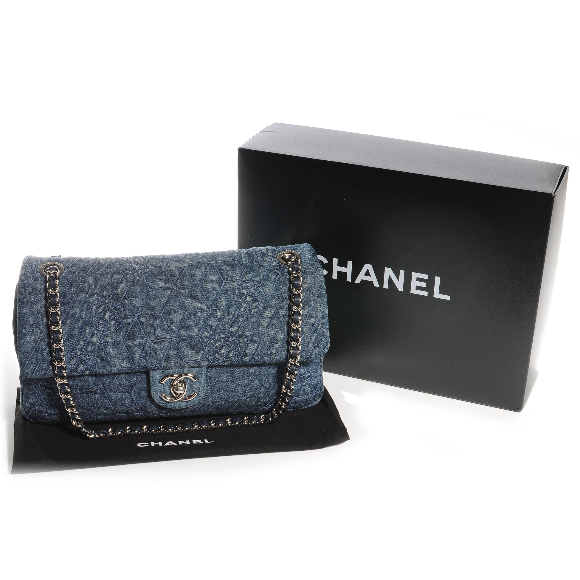 Chanel Denim Camellia Embroidered Large Flap Dark Blue 5 of 8