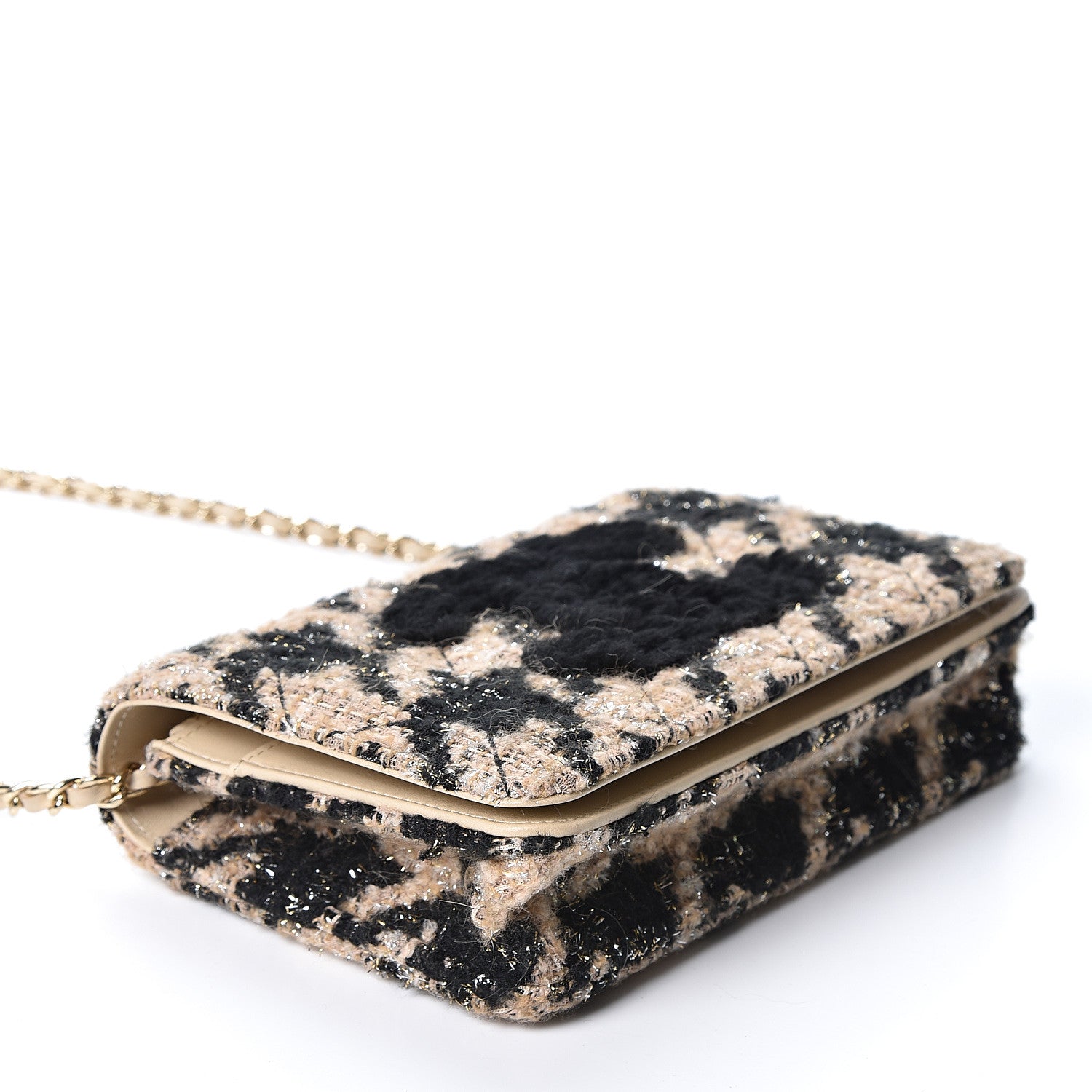 Chanel Tweed Shearling Quilted Wallet On Chain WOC and Coin Purse Beige Black 3 of 10