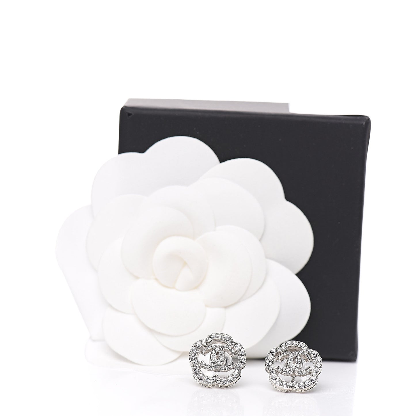 Crystal Coco Flapper Camellia CC Stud Earrings Silver