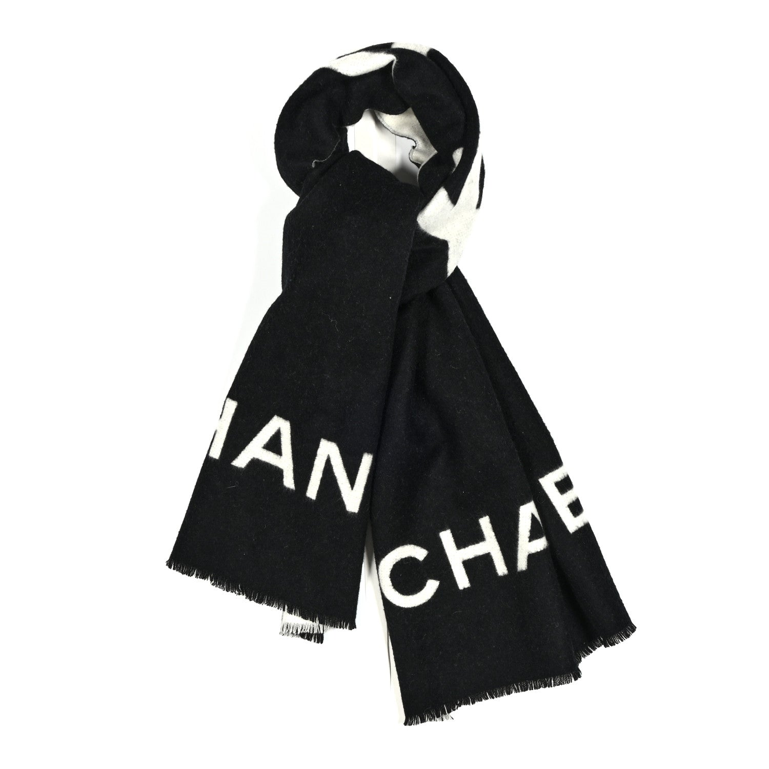 Chanel Cashmere CC Fringe Stole Black White 1 of 3