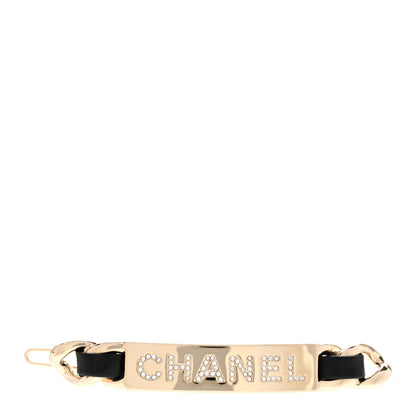 Chanel Metal Lambskin Strass Sergeant Hair Clip Barrette Black Gold 1 of 6