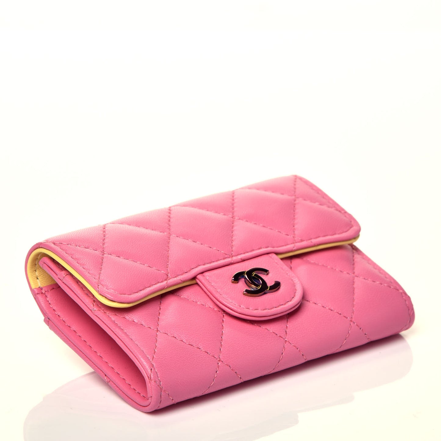 Lambskin Quilted Flap Card Holder Wallet Pink Yellow