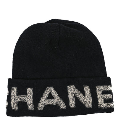 Chanel Wool Cashmere Logo Beanie Hat Black Light Grey 1 of 4