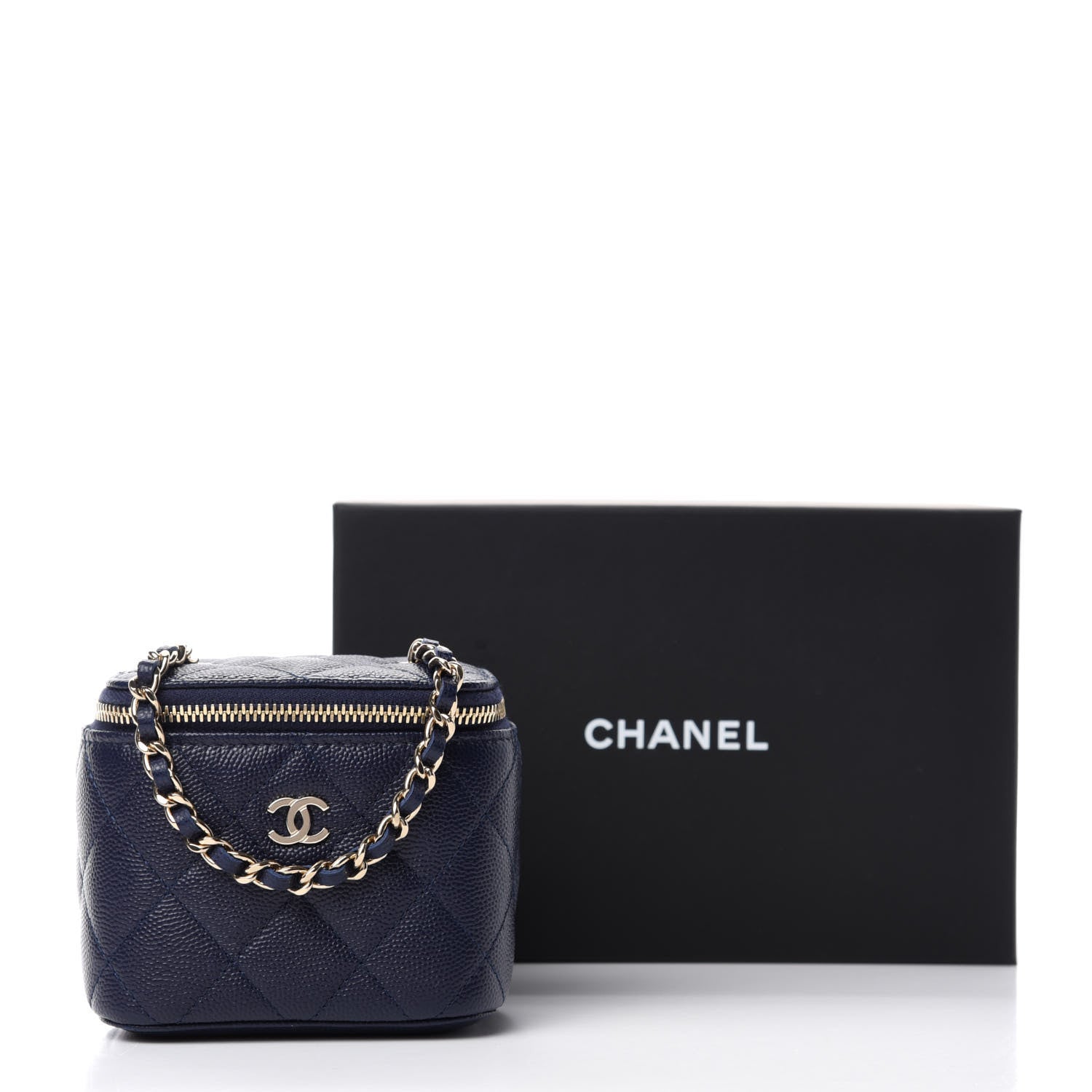 Chanel Caviar Quilted Mini Vanity Case With Chain Navy Blue 11 of 11