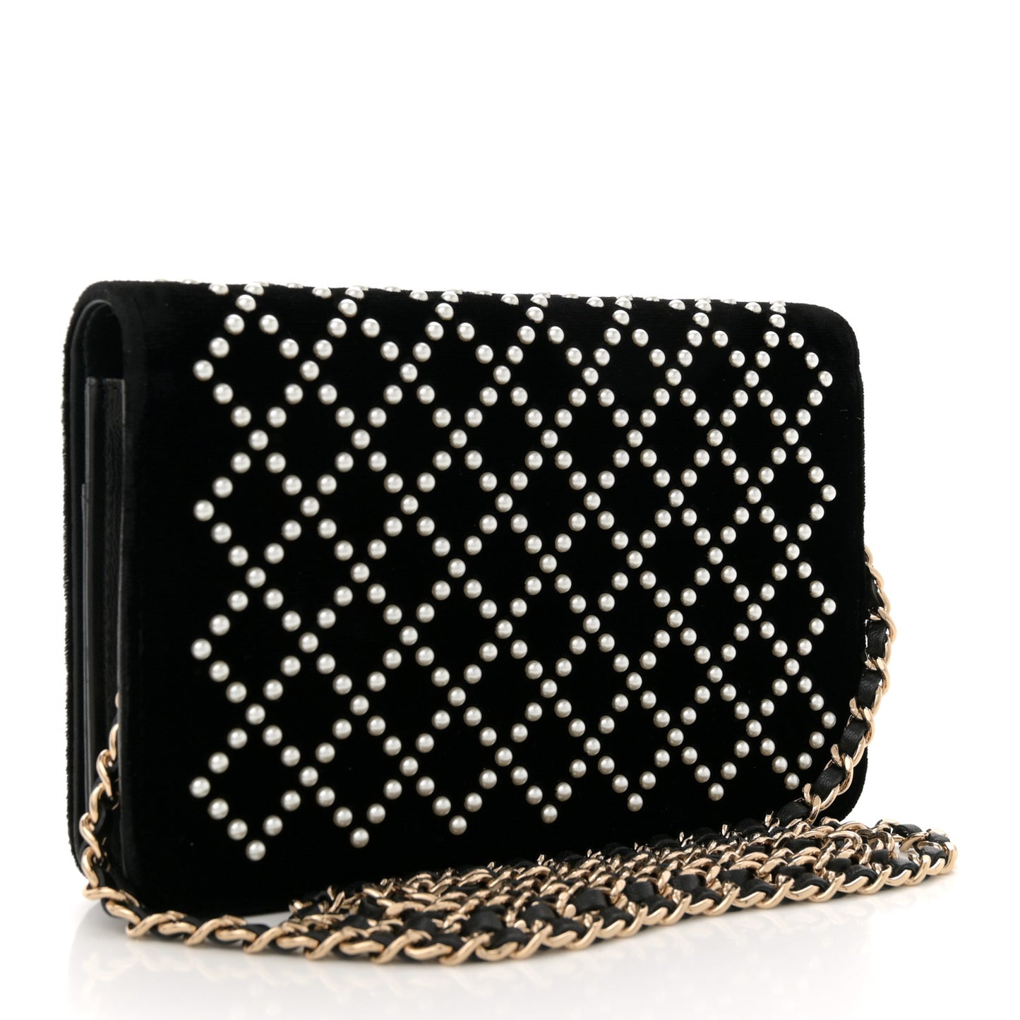 Velvet Pearl Diamond Embellished Wallet On Chain WOC Black