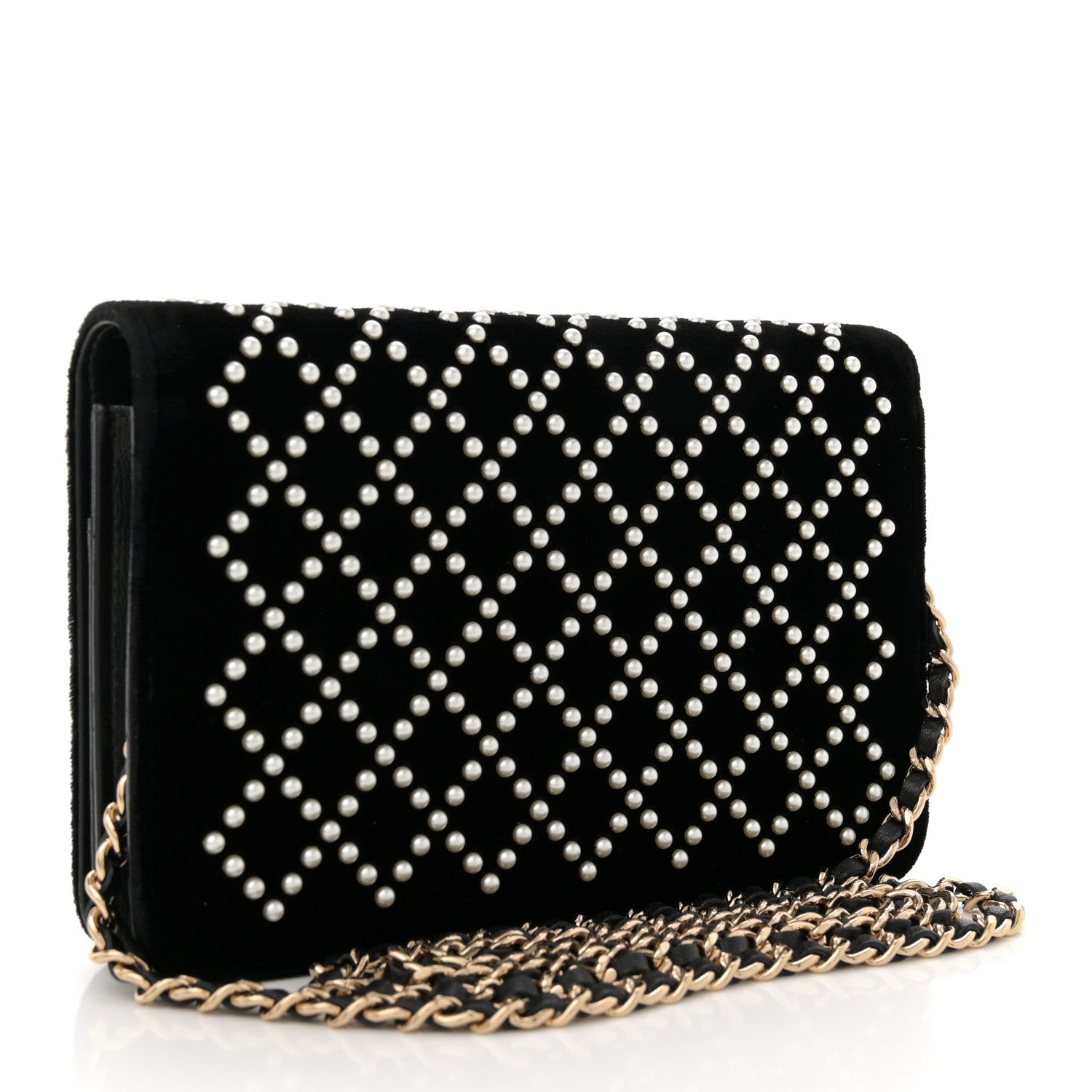 Chanel Velvet Pearl Diamond Embellished Wallet On Chain WOC Black 3 of 12