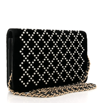 Chanel Velvet Pearl Diamond Embellished Wallet On Chain WOC Black 3 of 12