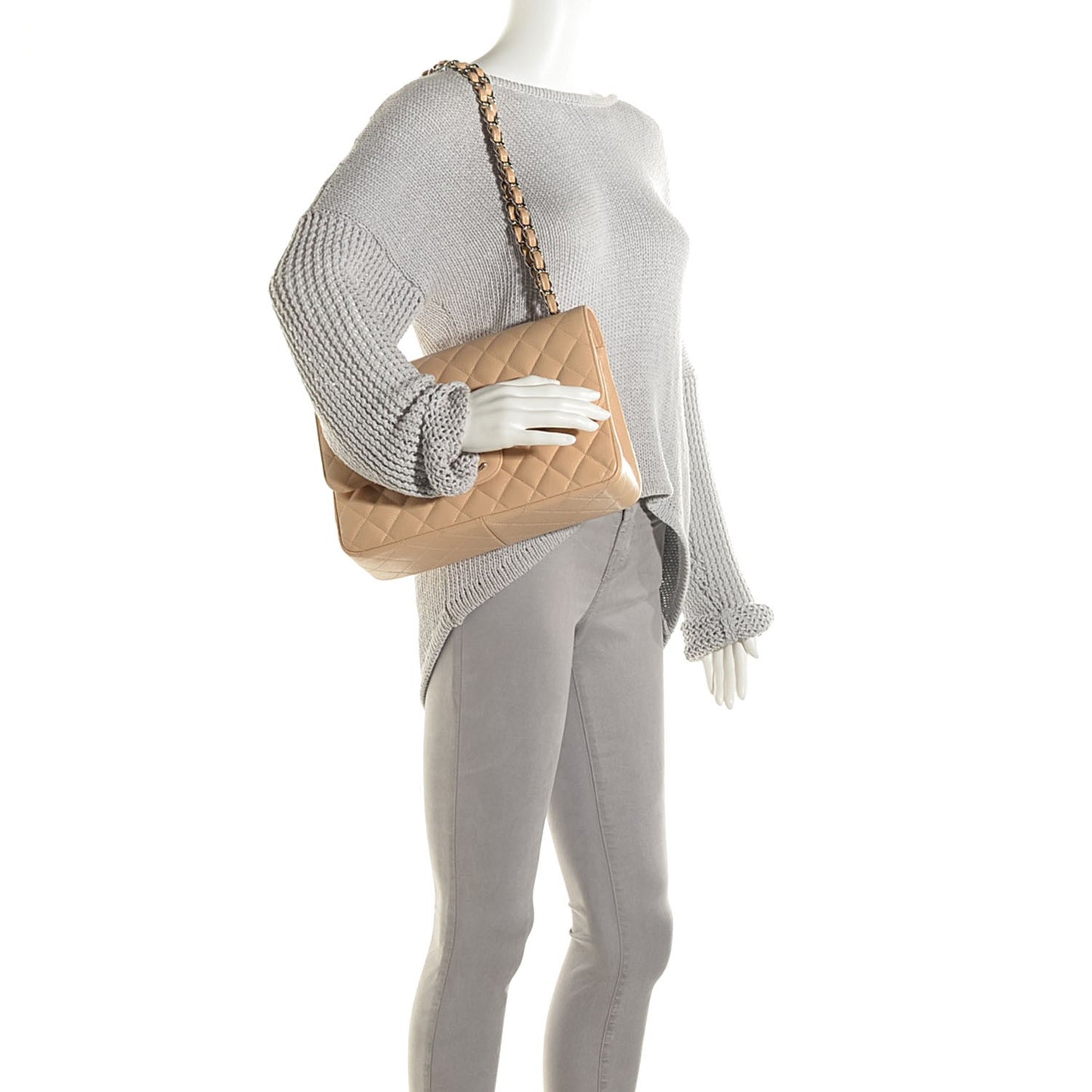 Caviar Quilted Jumbo Double Flap Beige