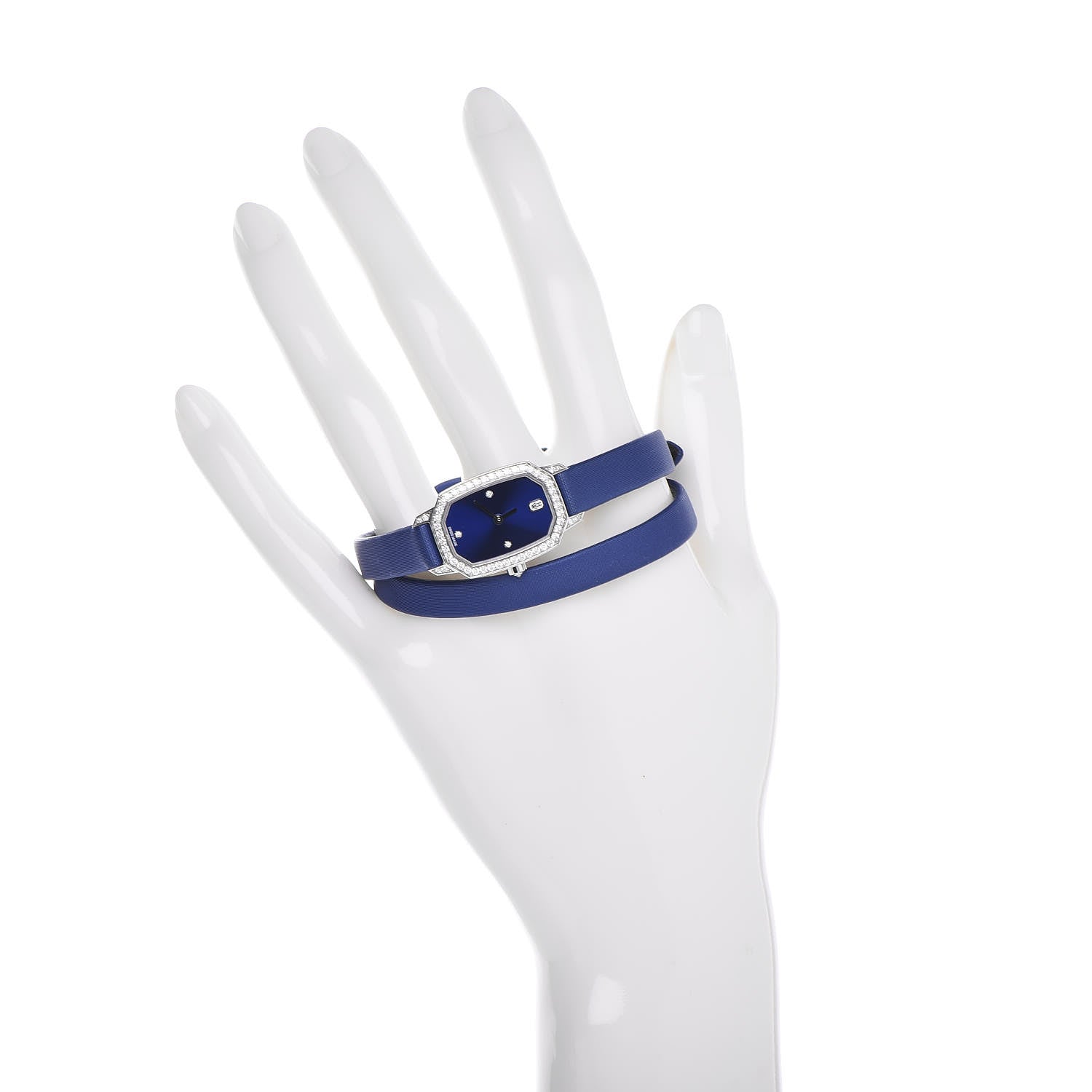 Harry Winston 18K White Gold Satin Diamond Bezel 17mm Emerald Quartz Watch Blue 2 of 10