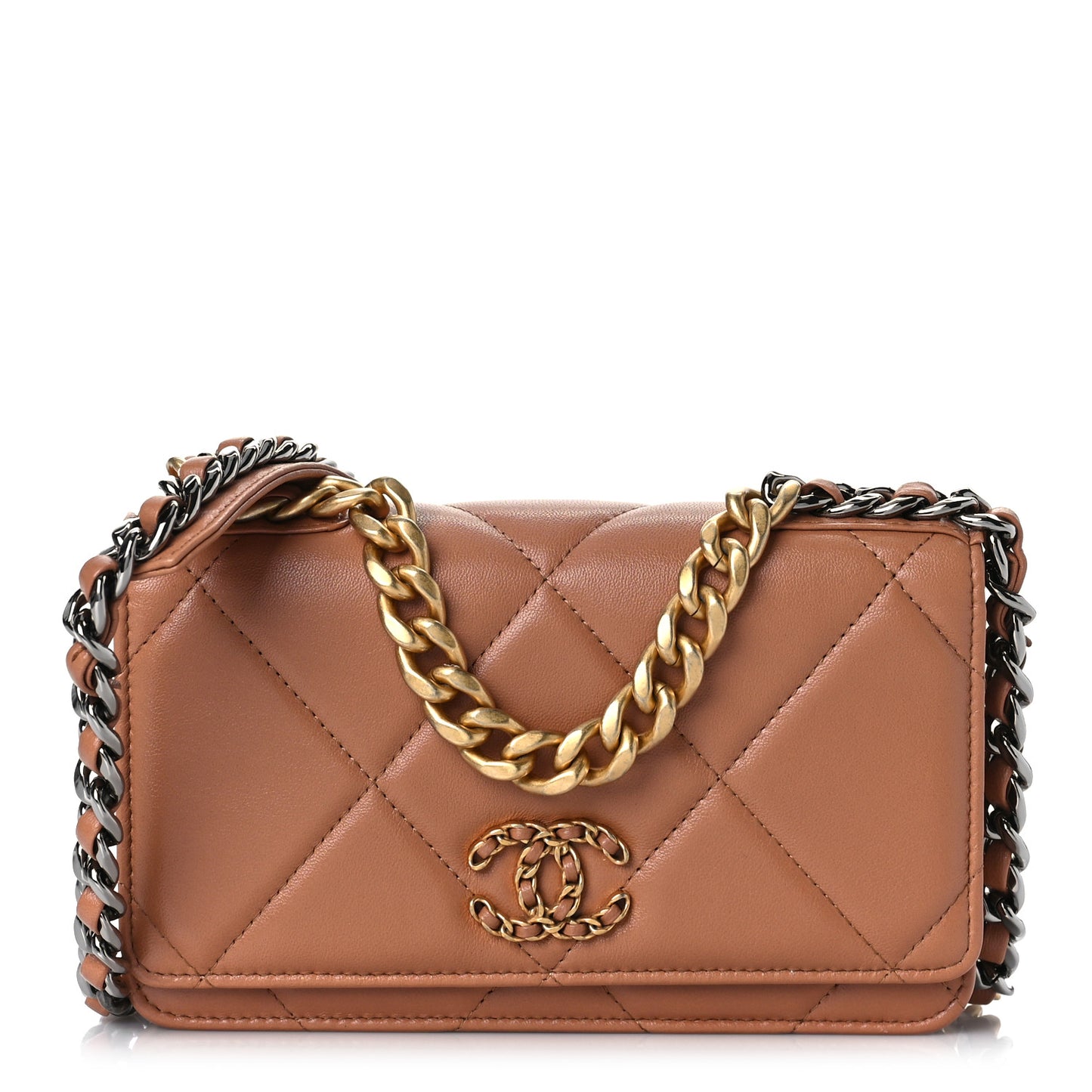 Lambskin Quilted Chanel 19 Wallet On Chain WOC Brown