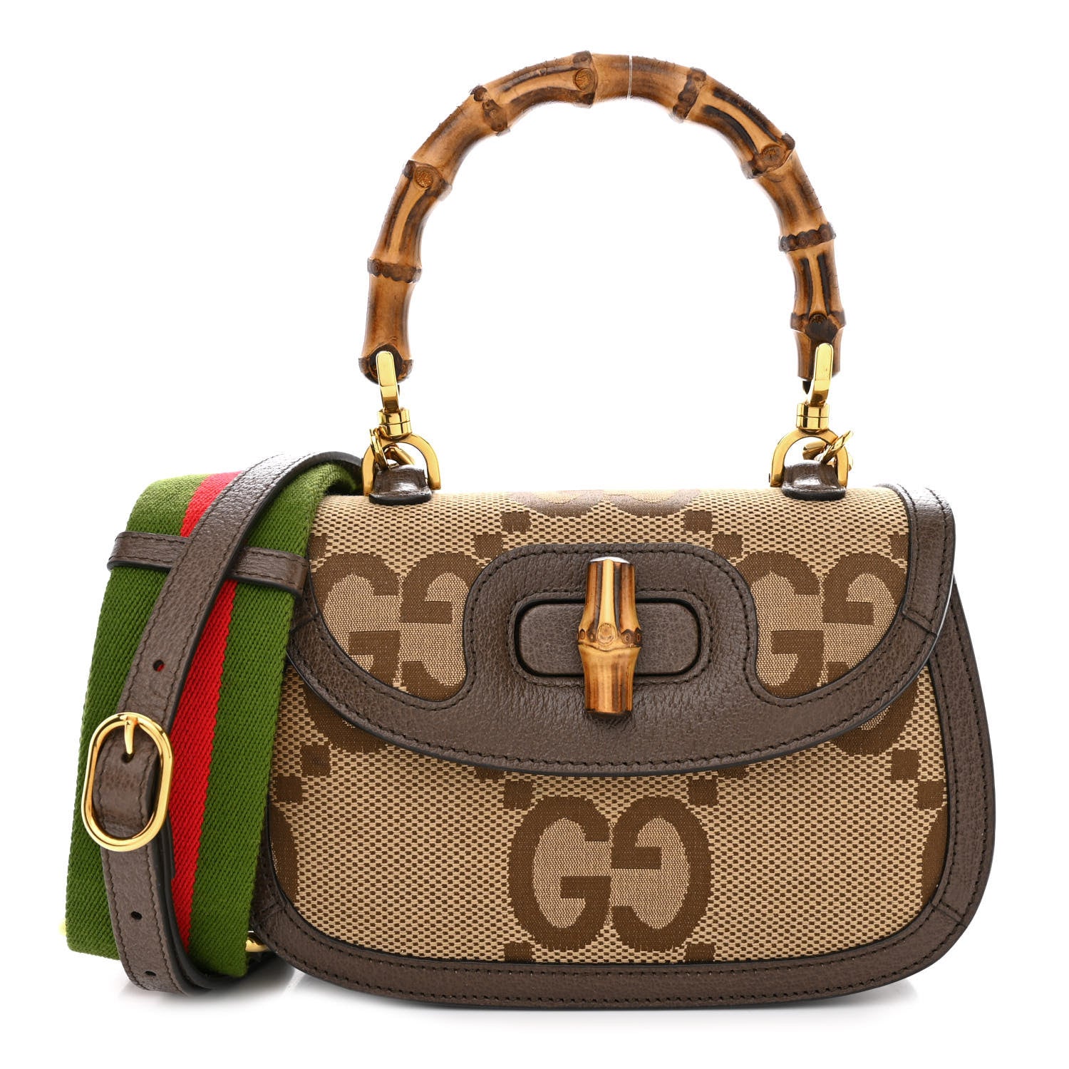 Gucci Monogram Jumbo GG Textured Dollar Calfskin Web Small Bamboo 1947 Top Handle Bag Camel Ebony New Acero 1 of 12