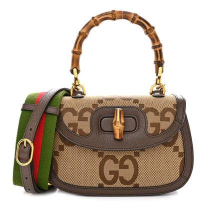 Gucci Monogram Jumbo GG Textured Dollar Calfskin Web Small Bamboo 1947 Top Handle Bag Camel Ebony New Acero 1 of 12