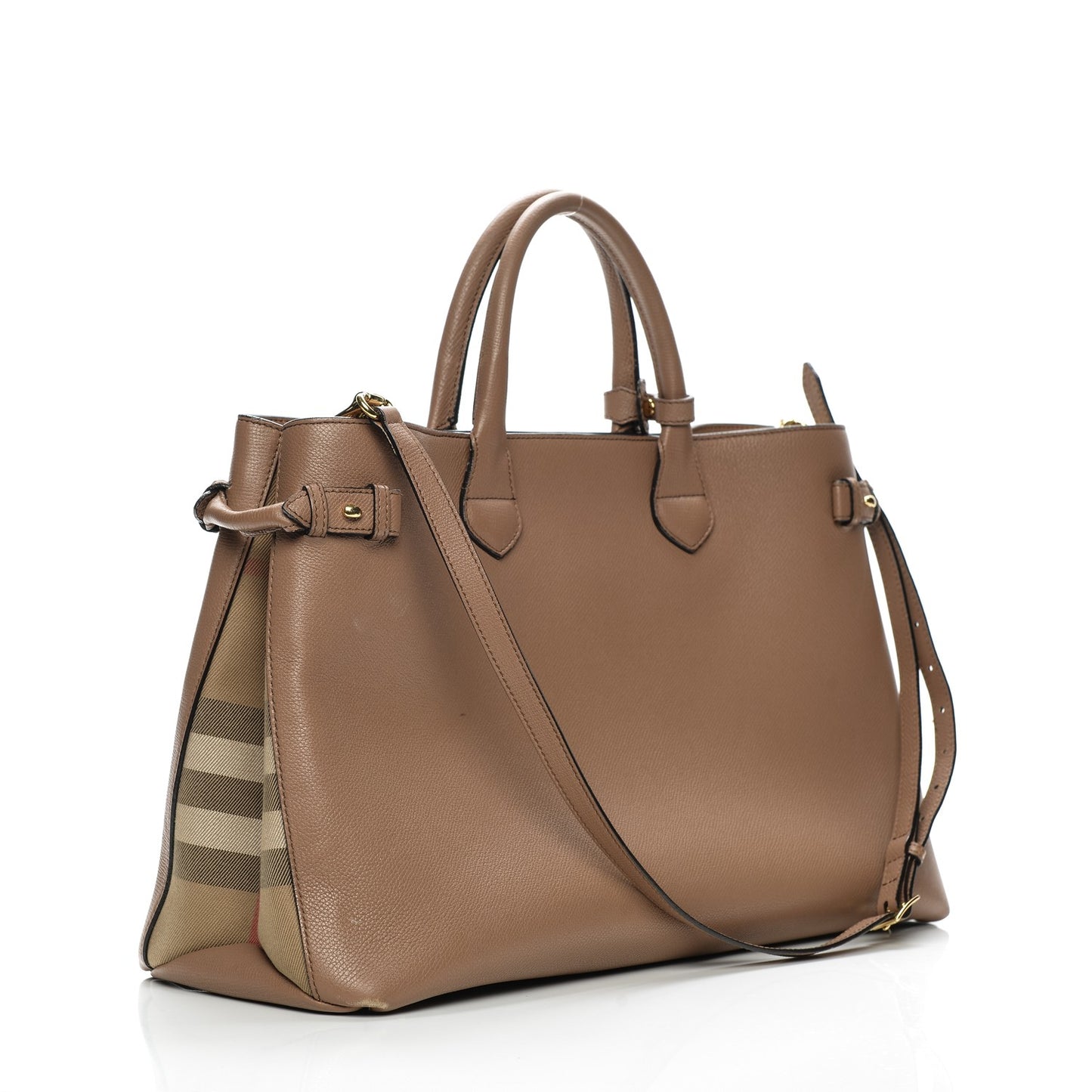 Grainy Calfskin House Check Large Banner Tote Dark Sand