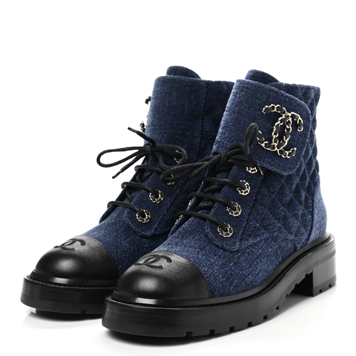 Denim Calfskin Quilted Lace Up Combat Boots 38 Blue