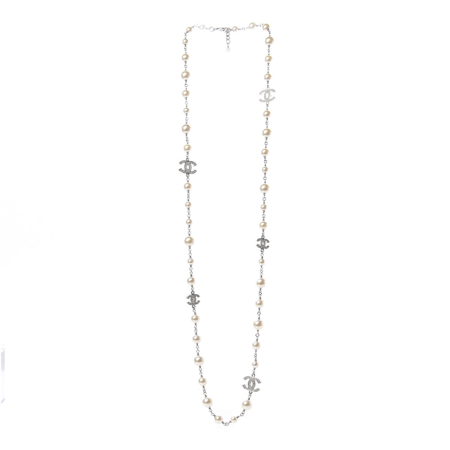 Graduated Pearl Crystal CC Long Necklace Silver