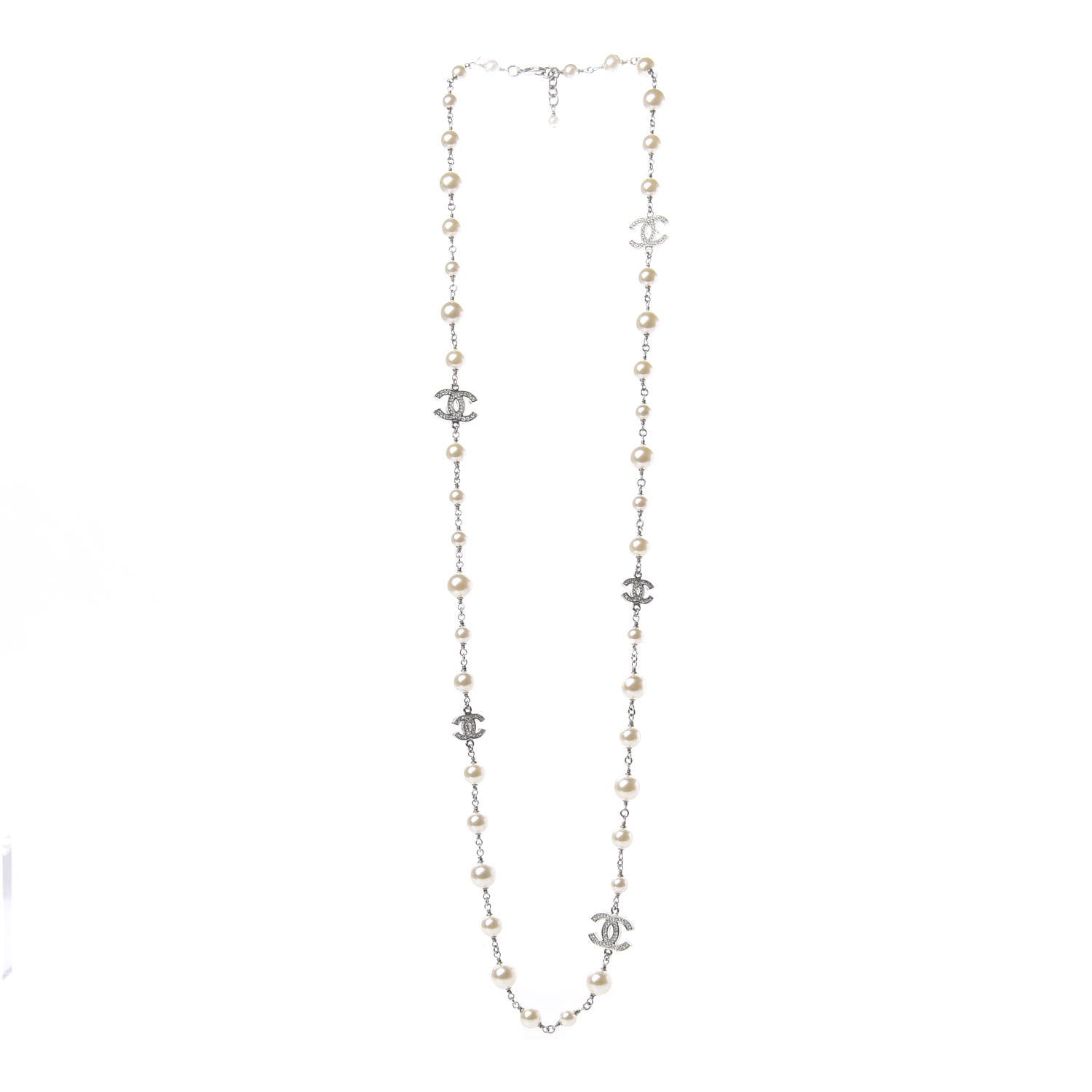 Chanel Graduated Pearl Crystal CC Long Necklace Silver 3 of 5