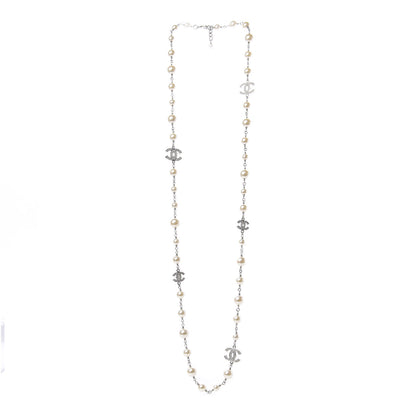 Chanel Graduated Pearl Crystal CC Long Necklace Silver 3 of 5