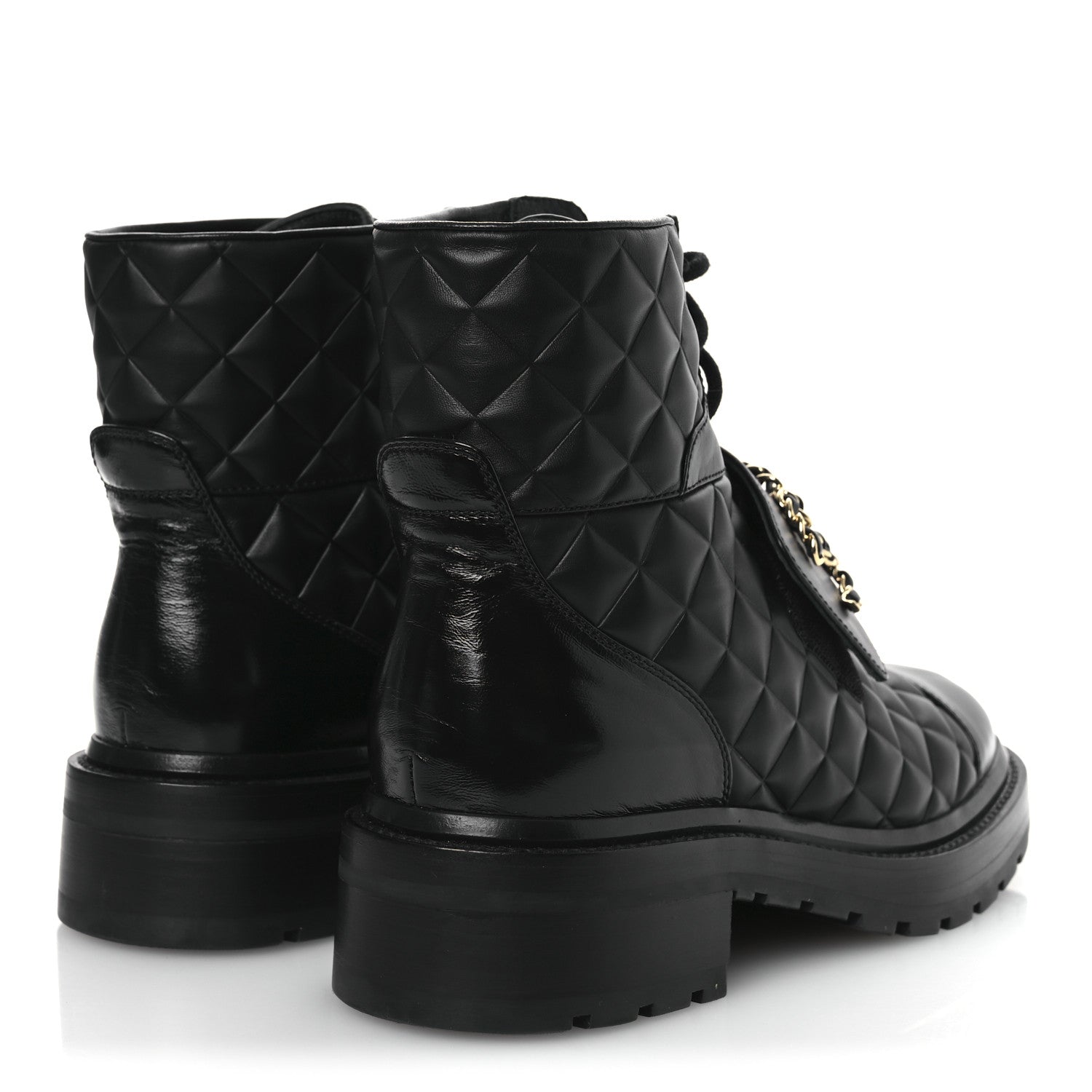 Chanel Shiny Calfskin Quilted Lace Up Combat Boots 38 Black 4 of 12