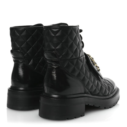 Chanel Shiny Calfskin Quilted Lace Up Combat Boots 38 Black 4 of 12
