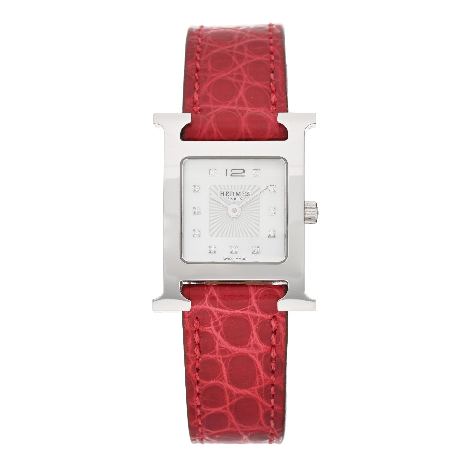 Hermes Stainless Steel Alligator Diamond Mother of Pearl 21mm Heure H Hour Quartz Watch Framboise 1 of 4