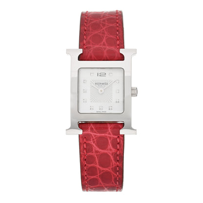 Hermes Stainless Steel Alligator Diamond Mother of Pearl 21mm Heure H Hour Quartz Watch Framboise 1 of 4