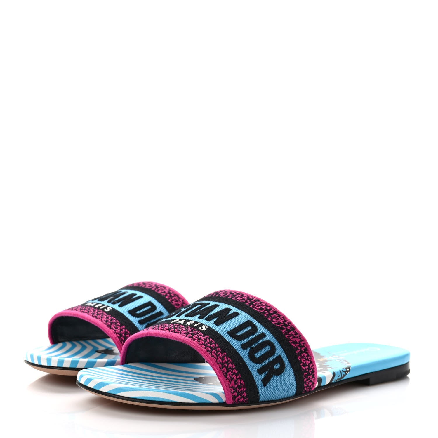 Christian Dior Canvas D-Jungle Pop Embroidered Dway Flat Slide Sandals 37 Bright Blue Pink Multicolor 3 of 9
