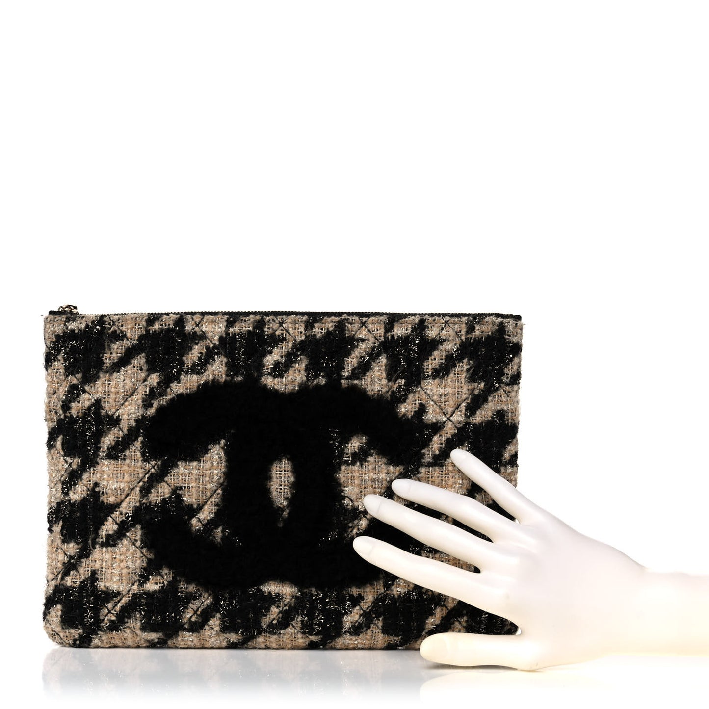 Tweed Shearling Quilted Chanel Cosmetic Pouch Beige Black