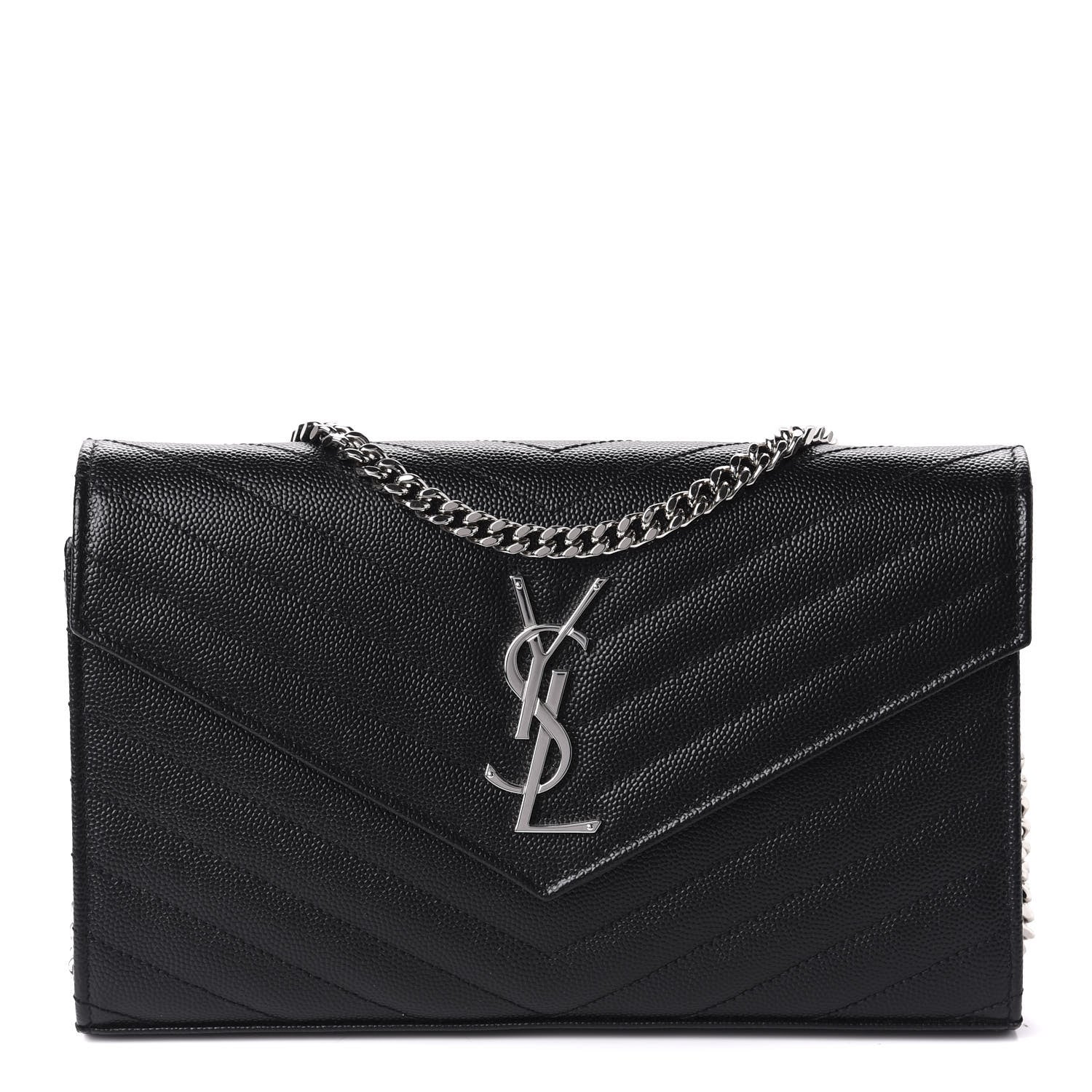 Saint Laurent Grain De Poudre Matelasse Chevron Monogram Chain Wallet Black 1 of 10