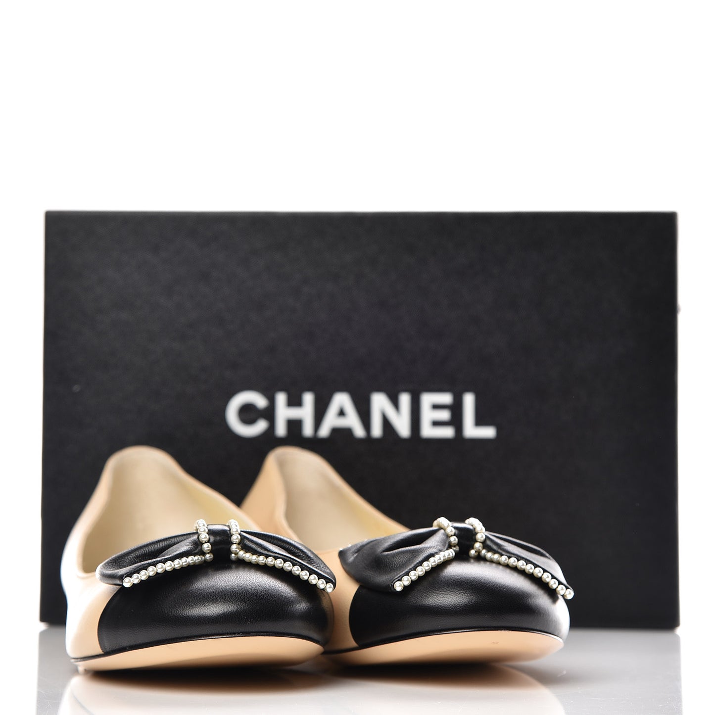 Lambskin Pearl Bow Ballerina Flats 39.5 Beige Black