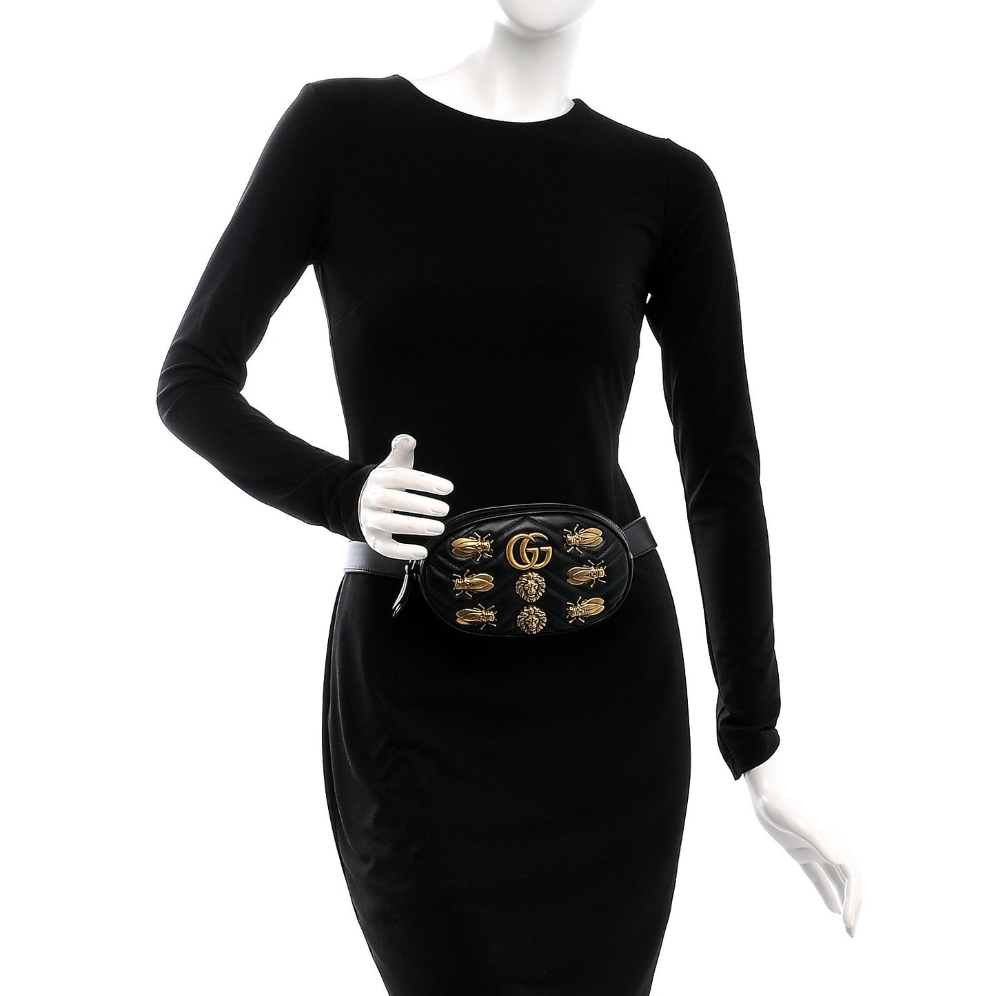 Calfskin Matelasse Animal Studs GG Marmont Belt Bag 85 34 Black