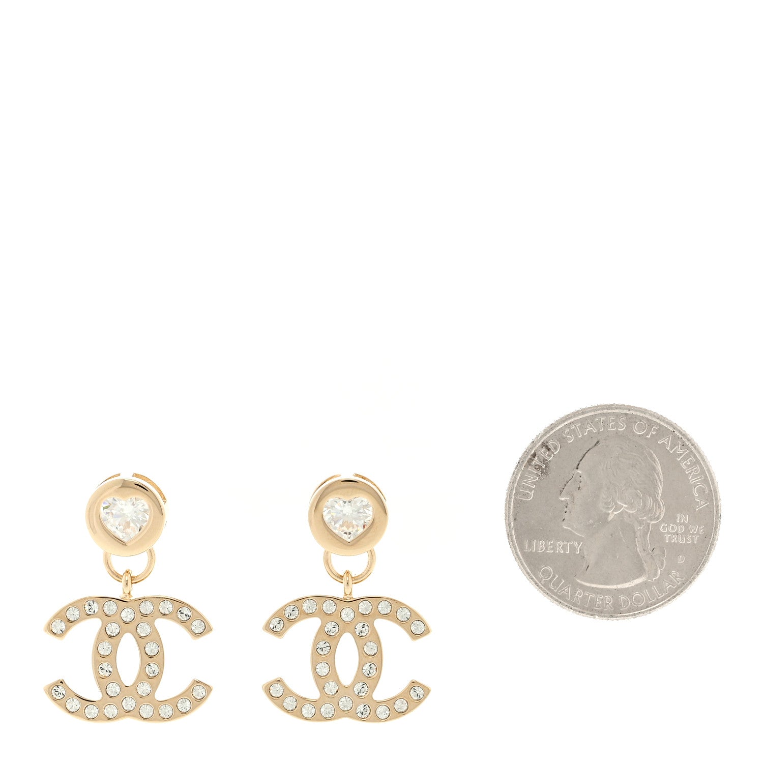 Chanel Crystal CC Heart Drop Earrings Gold 2 of 5
