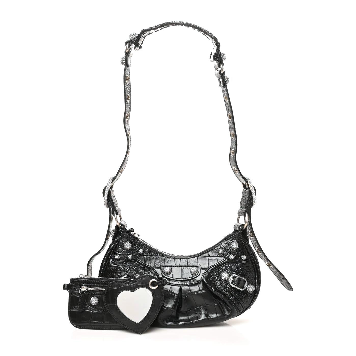 Extra Supple Calfskin Crystal Crocodile Embossed Le Cagole Shoulder Bag XS Black