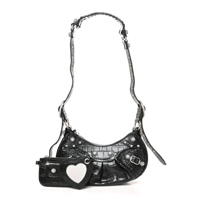 Balenciaga Extra Supple Calfskin Crystal Crocodile Embossed Le Cagole Shoulder Bag XS Black 1 of 9