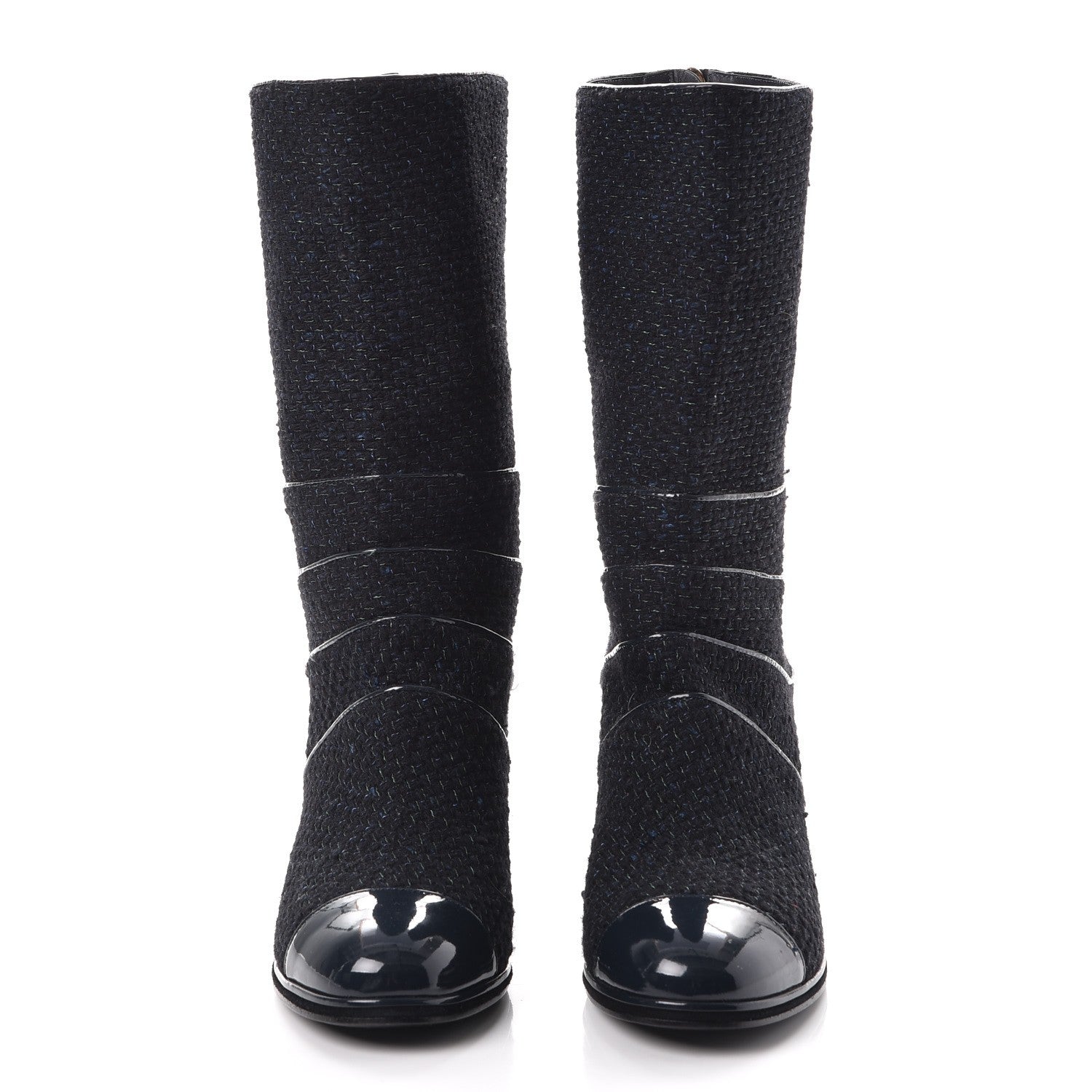 Chanel Tweed Patent Mid Calf Boots 39.5 Navy 2 of 8