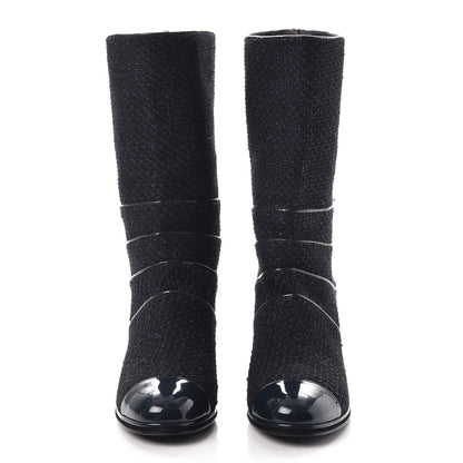 Chanel Tweed Patent Mid Calf Boots 39.5 Navy 2 of 8