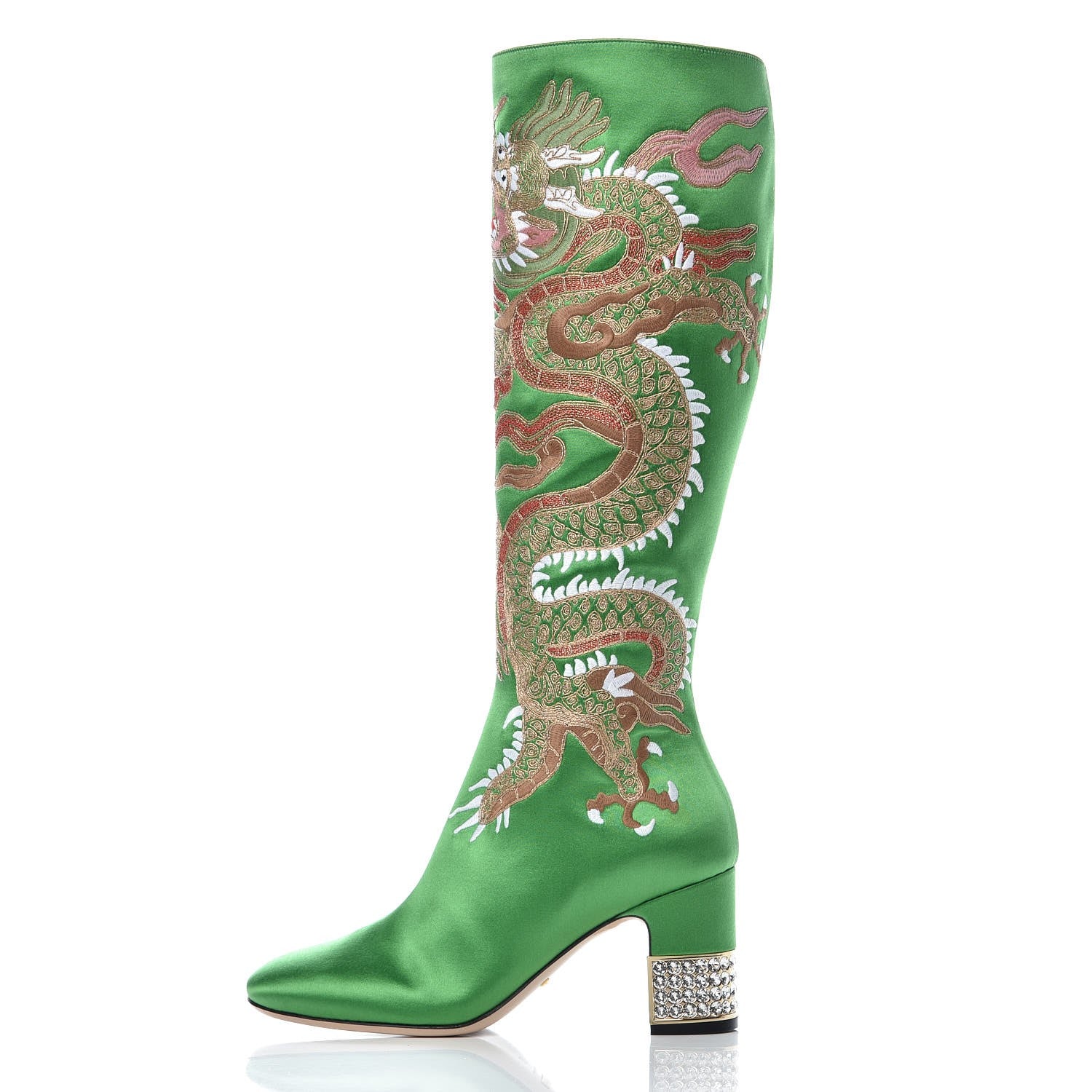 Gucci Silk Satin Malaga Kid Embroidered Candy Dragon Block-Heel Knee Boot 37 Palm 2 of 11