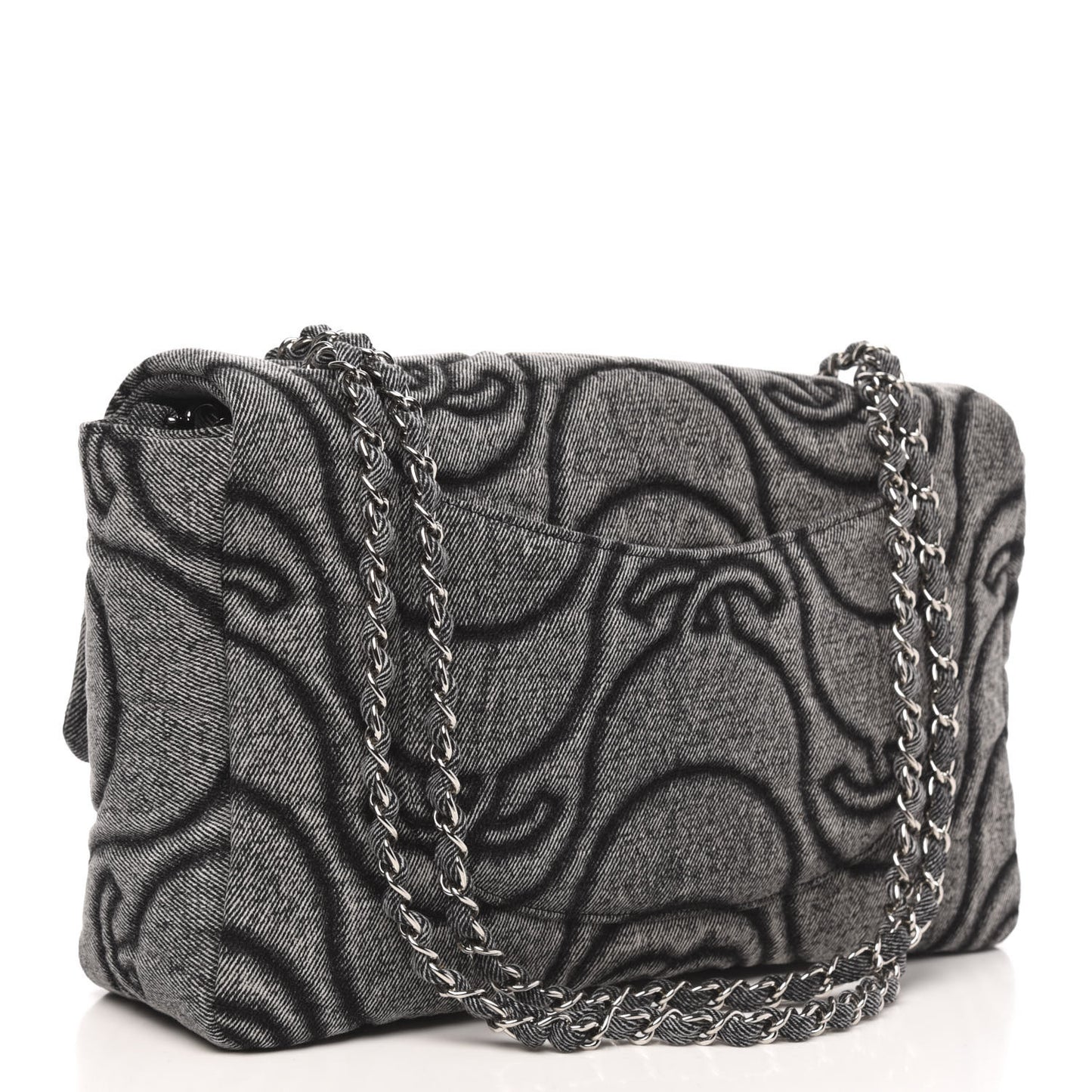 Denim Embossed CC Logo Print Jumbo Single Flap Grey Black