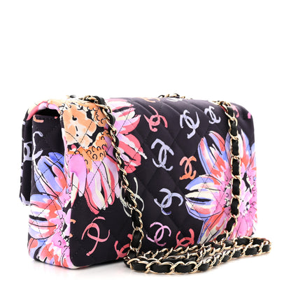 Chanel Printed Fabric Quilted Camellia Flap Black Multicolor 3 of 10